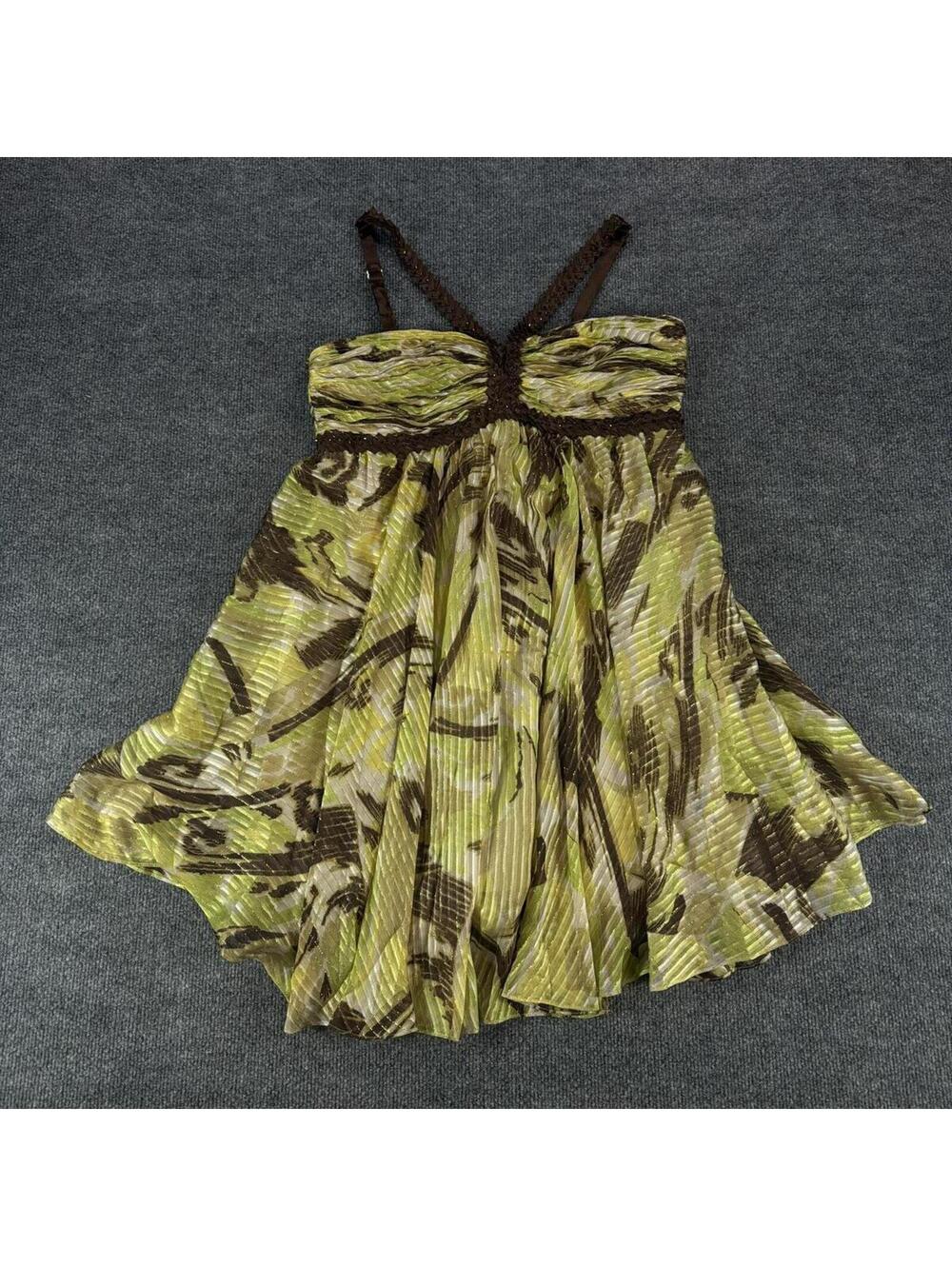 BCBG Maxazria Pleated Green Brown Abstract Print Dress 10 Wedding Guest, spring